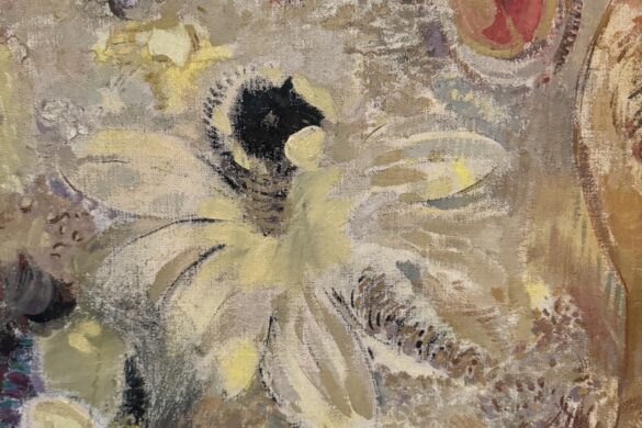 Close-up detail of layered brushwork and floral forms in Odilon Redon’s The Buddha
