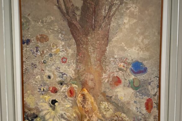 Odilon Redon painting The Buddha showing a meditative figure beneath a tree surrounded by dreamlike flowers