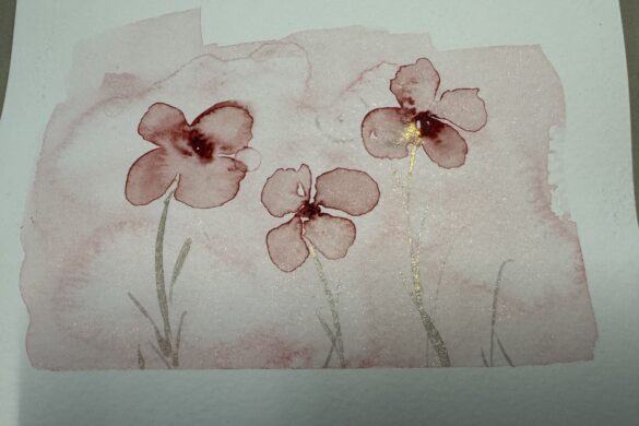 handmade card with soft pink floral design created using metallic watercolor paint with subtle shimmer