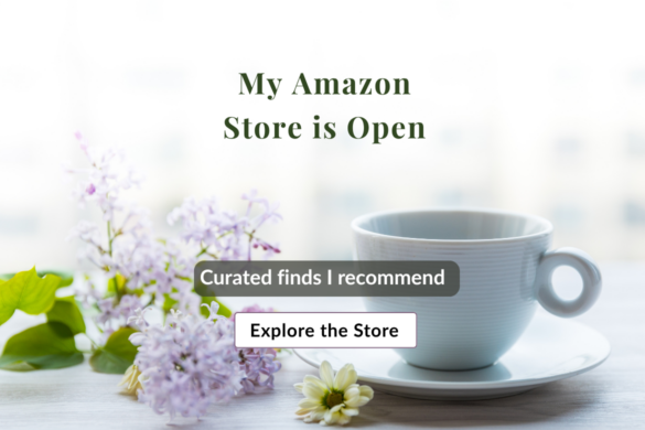 Deborah Bass Amazon storefront widget featuring floral background, teacup, and Explore the Store button