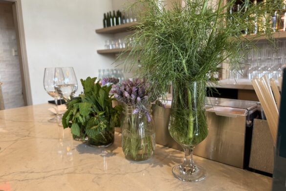 Fresh herbs and lavender flowers at the Sipeos bar used for cocktail garnishes in Walnut Creek
