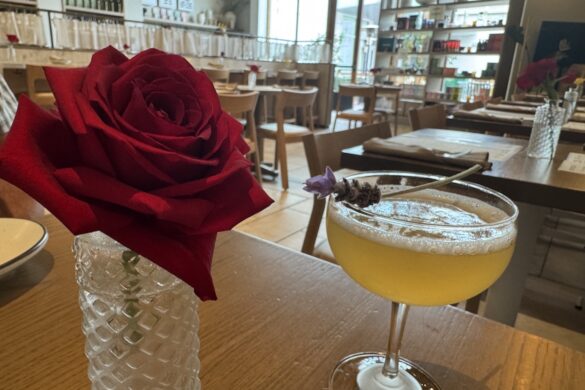 Honey Bee zero-proof cocktail at Sipeos in Walnut Creek garnished with a lavender sprig