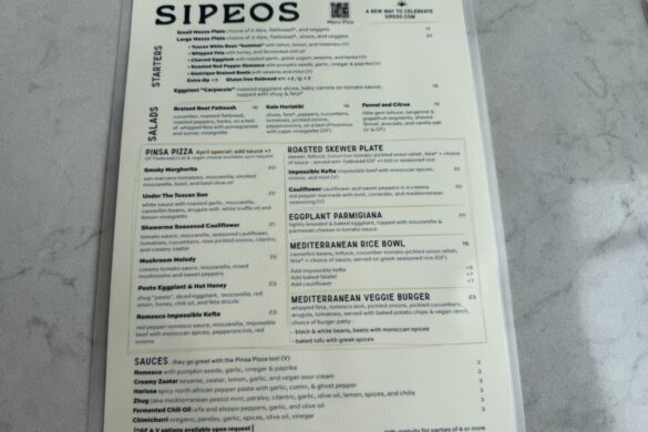 Sipeos restaurant main menu showing starters, salads, pizza, skewers, rice bowls, and veggie burgers in Walnut Creek