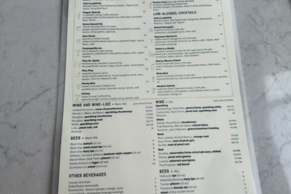 Sipeos beverage menu showing zero-proof cocktails, seasonal cocktails, wine, beer, and specialty beverages in Walnut Creek