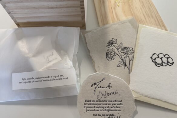 Farmette Packaging Details Farmette packaging materials with handmade paper and stationery items.