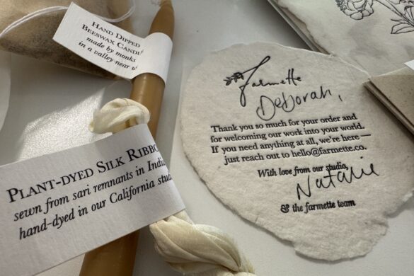 Farmette Welcome Package Farmette welcome package with hand-signed thank you note, handmade beeswax candle, and plant-dyed sari ribbon.