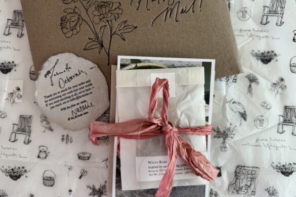 First Farmette Card Subscription First Farmette Card Subscription package featuring lavender silk ribbon, welcome materials, handmade paper, and botanical stationery.