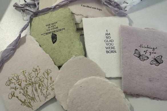 Handmade Papers and Botanical Tags Handmade paper samples, botanical tags, and stationery pieces from the Farmette Card Subscription.