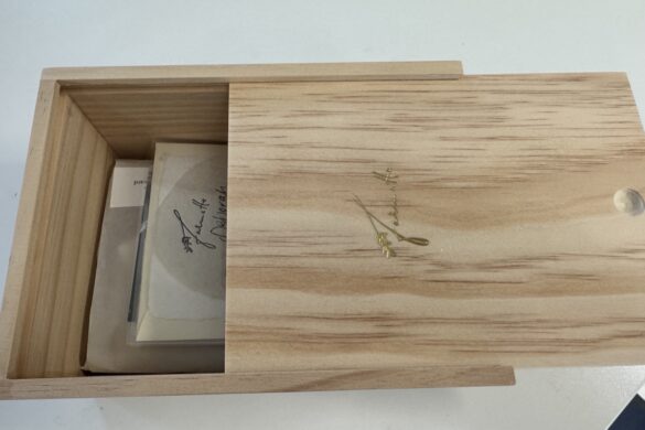 Wooden keepsake box containing Farmette stationery and subscription materials. Wooden Keepsake Box – IMG 8978
