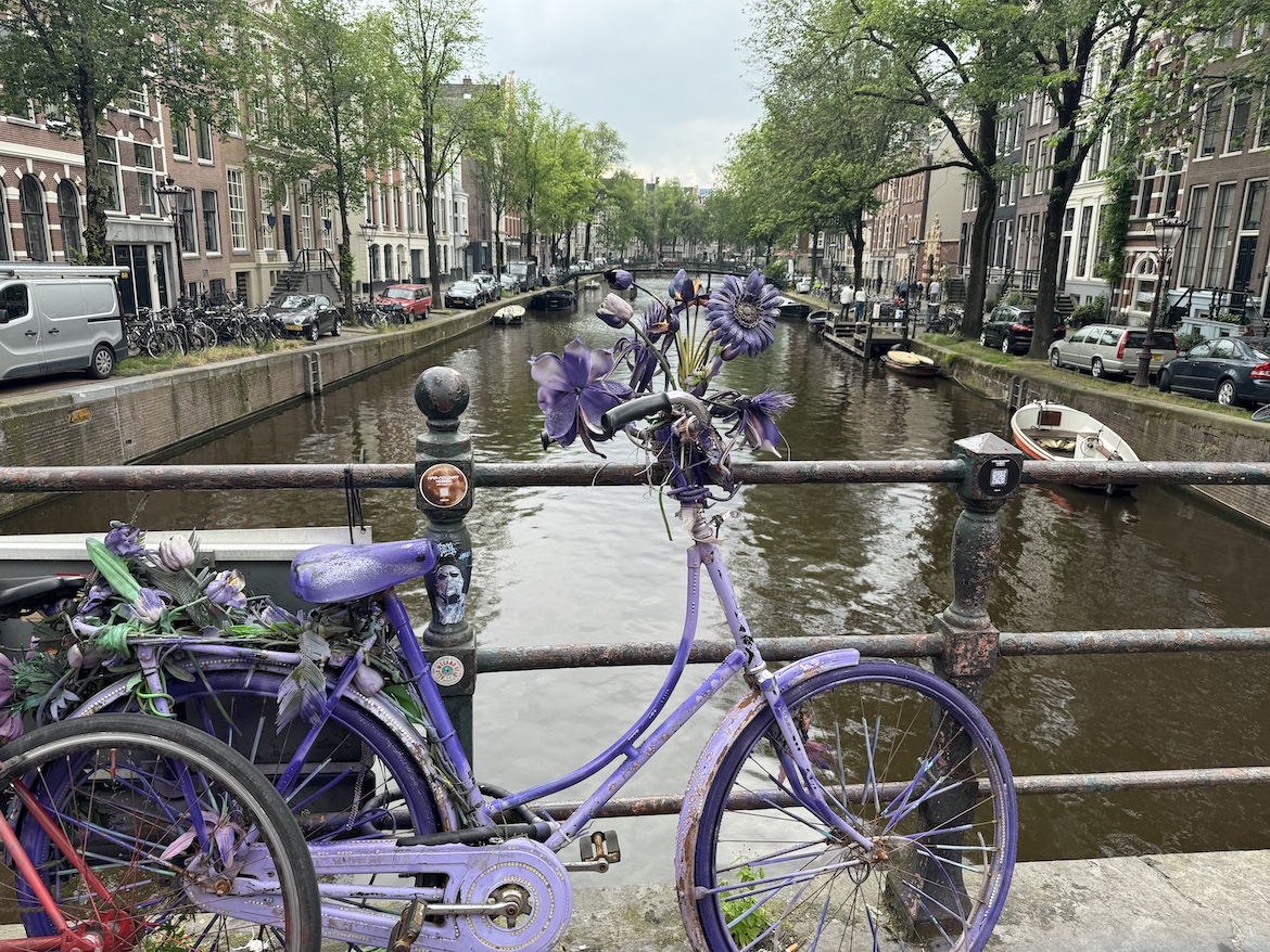 Graffiti-covered doorway with a bicycle parked beside it in Amsterdam